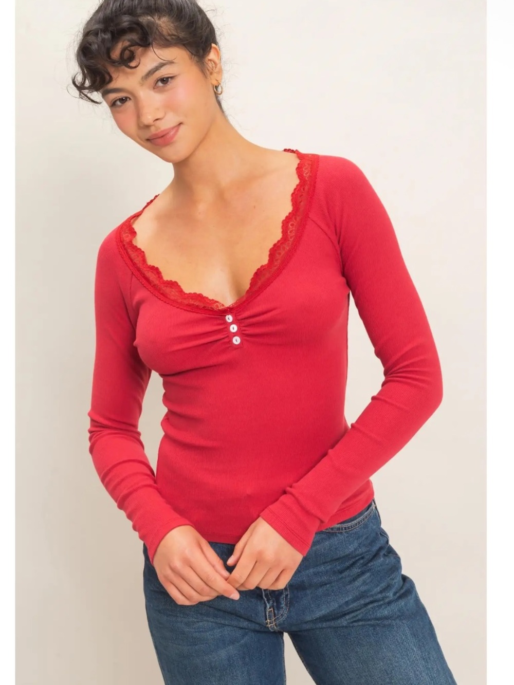 429. Lace trim Henley long sleeve in dark red